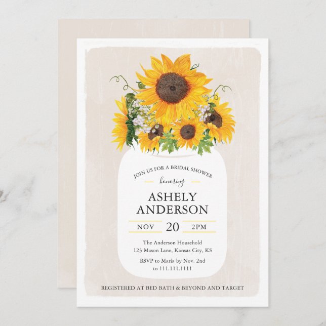 Sunflower Mason Jar Bridal Shower Invitation (Front/Back)