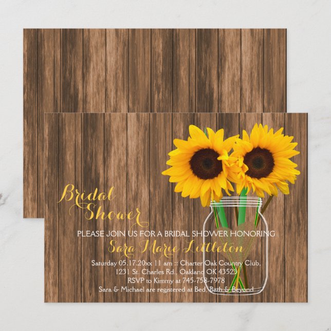 Sunflower Mason Jar Bridal Shower Invites (Front/Back)
