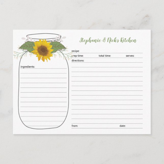 Sunflower Mason Jar Bridal Shower Recipe Cards (Front)