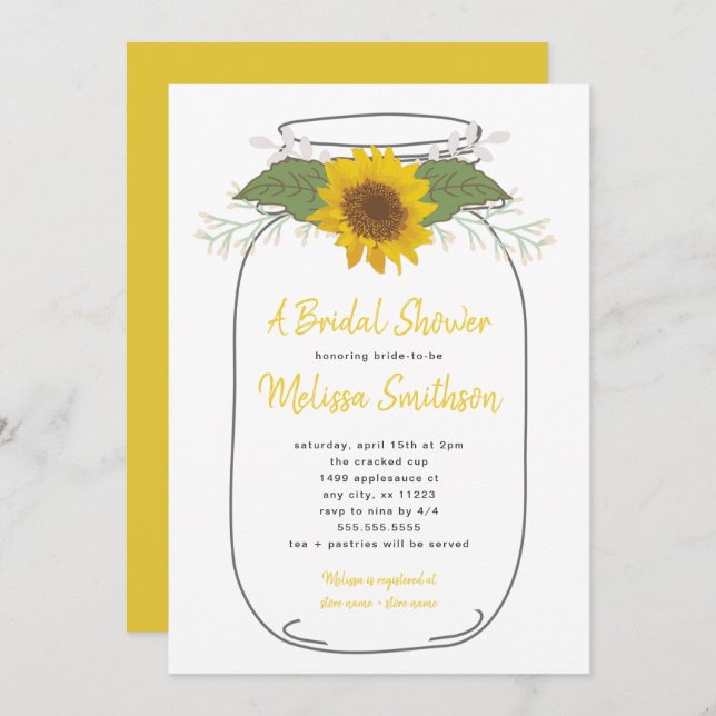 Sunflower Mason Jar Bridal Shower | white Invitation (Front/Back)