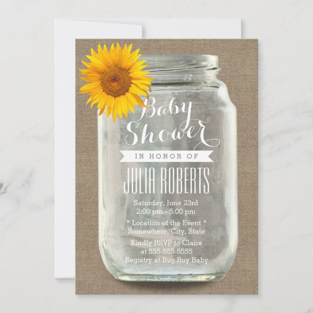 Sunflower & Mason Jar Burlap Baby Shower Invitation (Front)