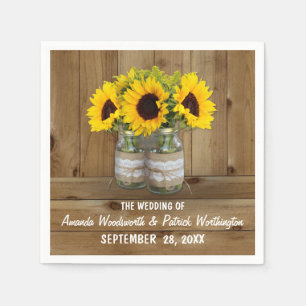Sunflower Mason Jar Burlap + Lace Wedding Napkins