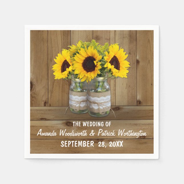 Sunflower Mason Jar Burlap + Lace Wedding Napkins (Front)