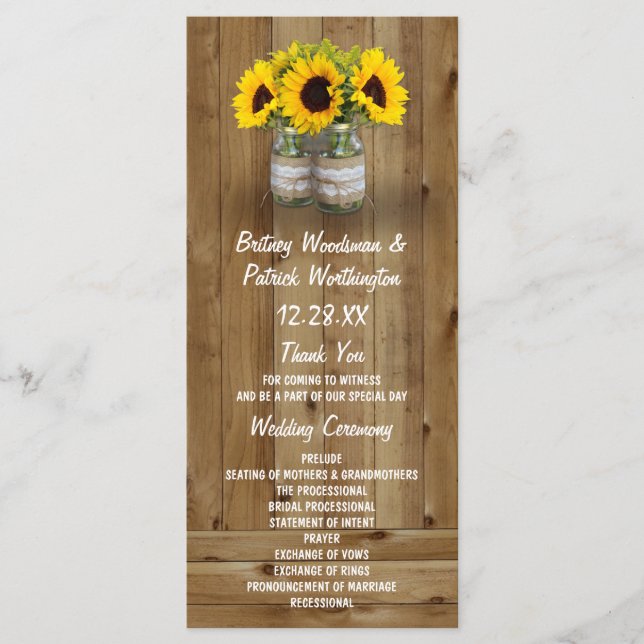 Sunflower Mason Jar Burlap + Lace Wedding Programs Programme (Front)