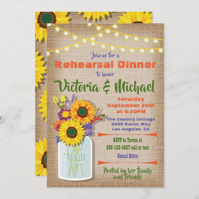 Sunflower Mason Jar Burlap Rehearsal Dinner Invitation (Front/Back)