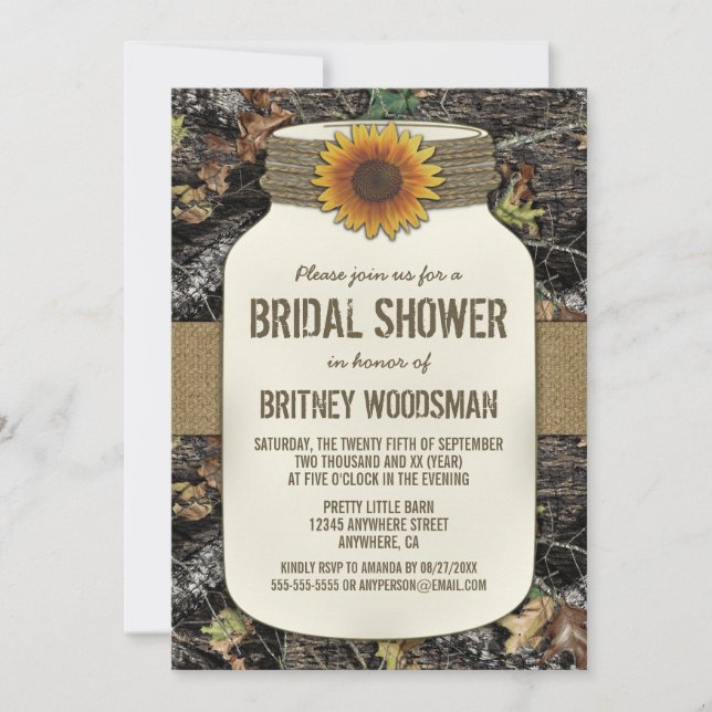Sunflower Mason Jar Camo Bridal Shower Invitations (Front)