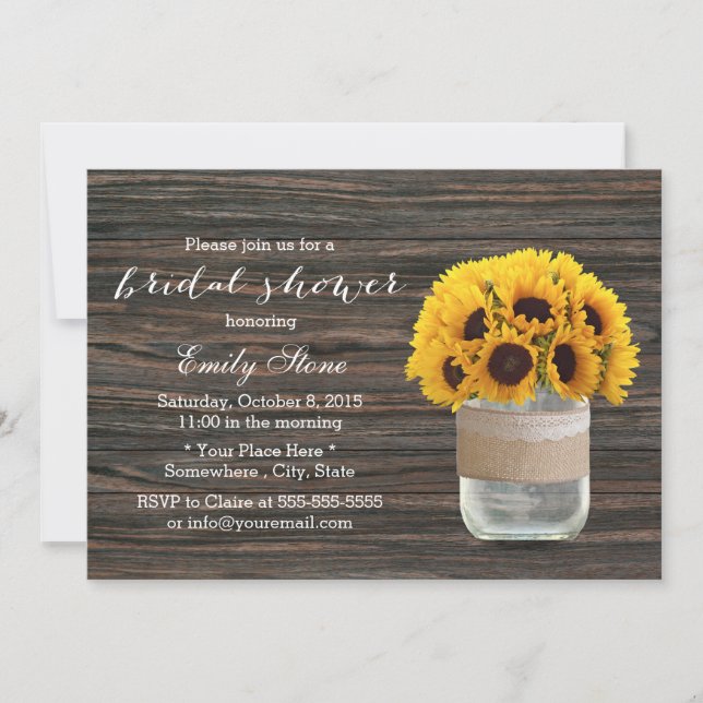 Sunflower Mason Jar Elegant Wood Bridal Shower Invitation (Front)
