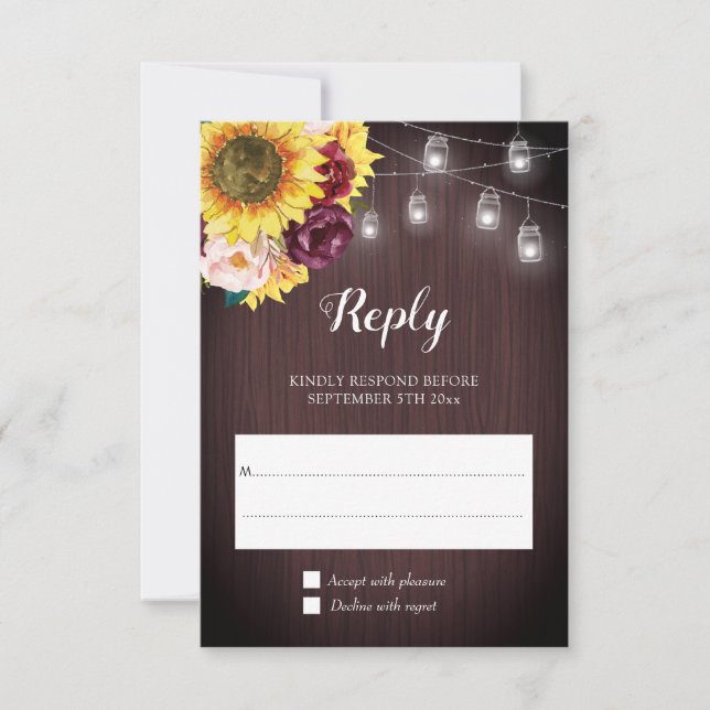 Sunflower Mason Jar Lights Burgundy Floral Wedding RSVP Card (Front)