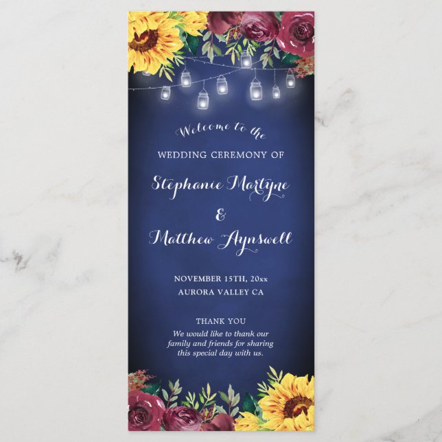 Sunflower Mason Jar Lights Navy Blue Wedding Programme (Front)
