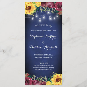 Sunflower Mason Jar Lights Navy Blue Wedding Programme
