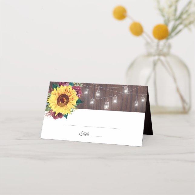 Sunflower Mason Jar Lights Wood Wedding Place Card (Front)