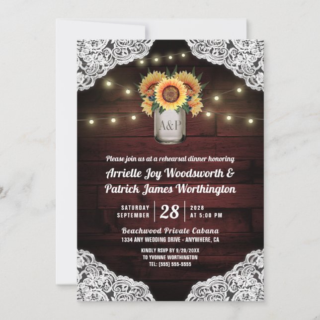 Sunflower Mason Jar Rehearsal Dinner Invitations (Front)