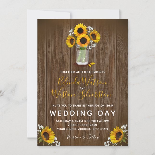 Sunflower Mason Jar Rustic Barn Wood Wedding Invit Invitation (Front)