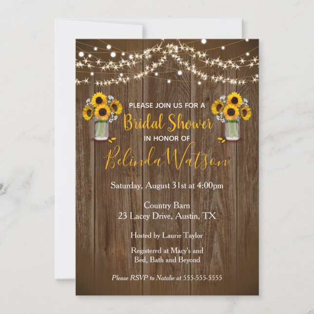 Sunflower Mason Jar Rustic Bridal Shower Wedding Invitation (Front)