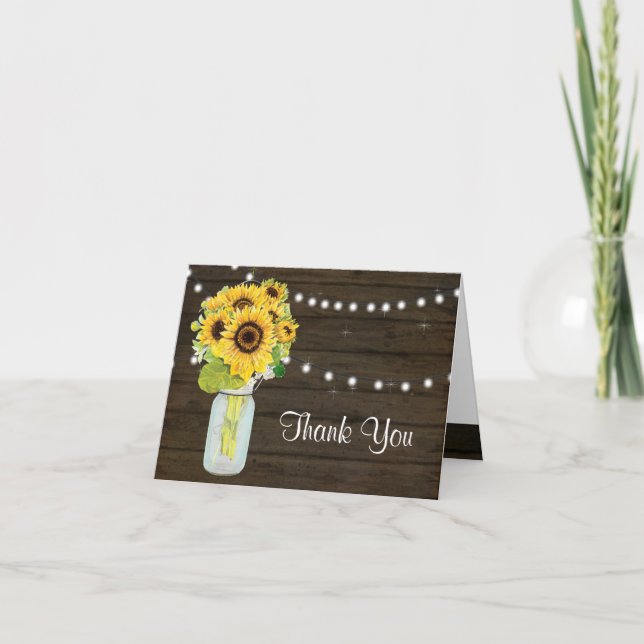 Sunflower Mason Jar Rustic Country Fairy Lights Thank You Card (Front)