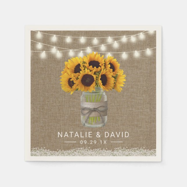 Sunflower Mason Jar Rustic Floral Burlap Wedding Napkin (Front)