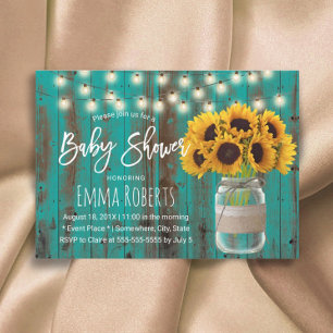Sunflower Mason Jar Rustic Teal Barn Baby Shower Invitation