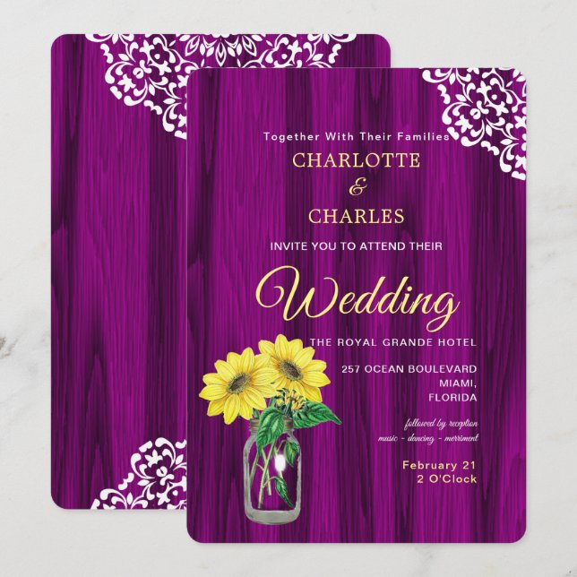 Sunflower Mason Jar Rustic Wedding Invitation (Front/Back)