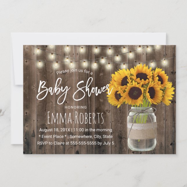 Sunflower Mason Jar Rustic Wood Baby Shower Invitation (Front)