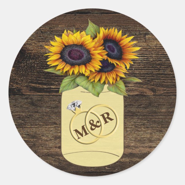 Sunflower Mason Jar Rustic Wooden Wedding Stickers (Front)