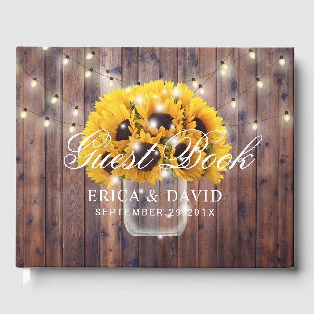 Sunflower Mason Jar String Lights Rustic Wedding Guest Book (Front)