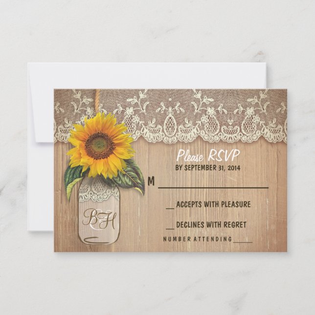 sunflower mason jar wedding RSVP cards (Front)