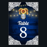 Sunflower Mason Jar Wedding Table Number Cards<br><div class="desc">Sunflower Mason Jar Wedding Table Number Cards - feature a royal navy or blue barn wood background trimmed with lace and decorated with warm coloured string twinkle lights. The design also features a bouquet of sunflowers inside a mason jar that you can customise the initials to those of your choice....</div>