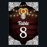 Sunflower Mason Jar Wedding Table Number Cards<br><div class="desc">Sunflower Mason Jar Wedding Table Number Cards - feature a deep red barn wood background trimmed with lace and decorated with warm coloured string twinkle lights. The design also features a bouquet of sunflowers inside a mason jar that you can customise the initials to those of your choice.</div>