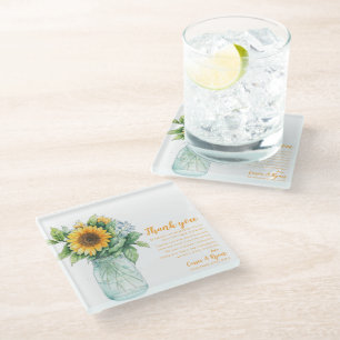 Sunflower Mason Jar Wedding Thank you Message Glass Coaster