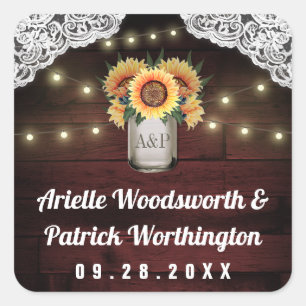 Sunflower Mason Jar Wood Lace Wedding Favour Square Sticker