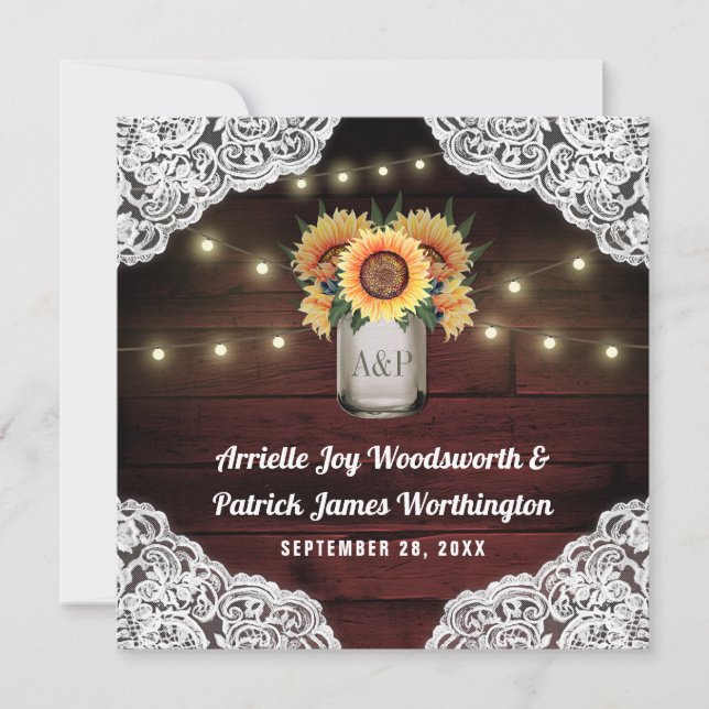 Sunflower Mason Jar Wood Lace Wedding Invitations (Front)