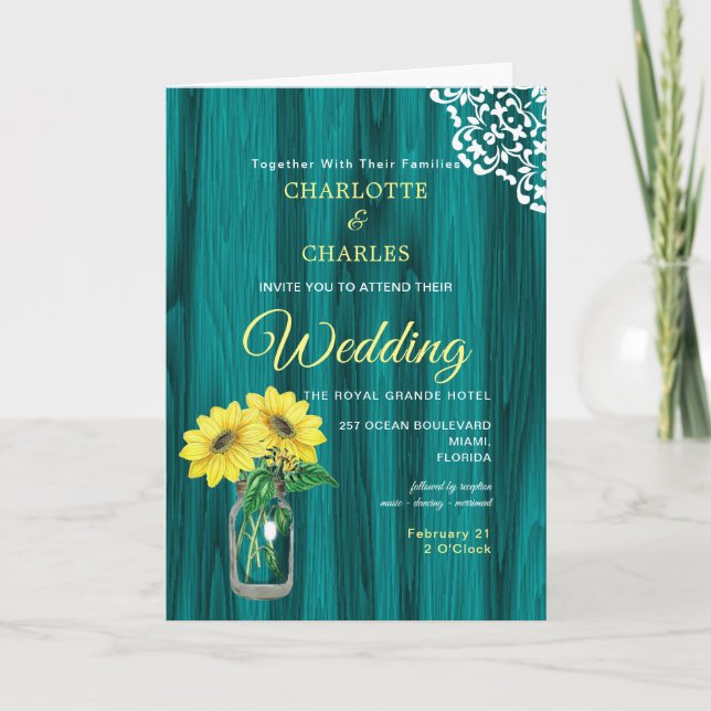 Sunflower Mason Jar Wood Rustic Photo Wedding Invitation (Front)