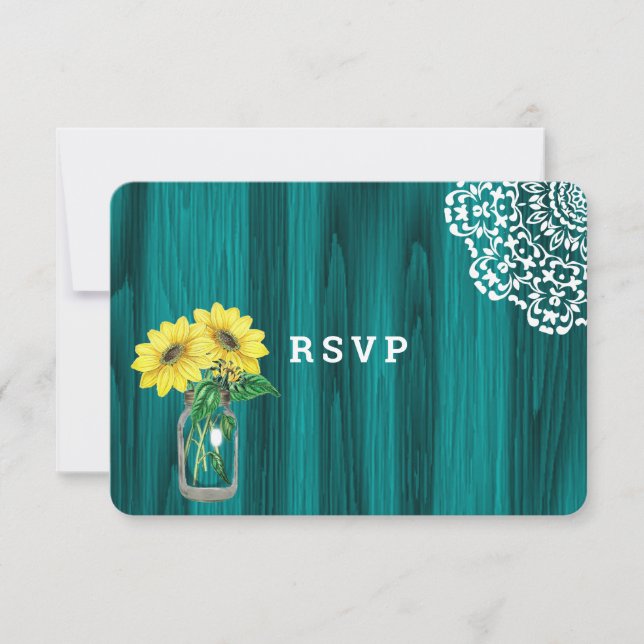 Sunflower Mason Jar Wood Rustic Wedding RSVP Card (Front)