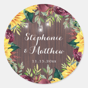 Sunflower Mason Jars Lights Floral Wedding Classic Round Sticker