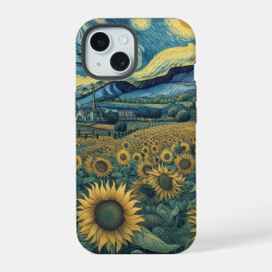 Sunflower Meadow in the Starry Night iPhone 15 Case
