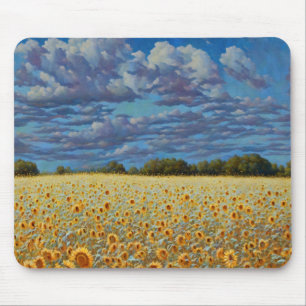Sunflower Meadow Whimsical Art Cloudy Sky Mouse Mat