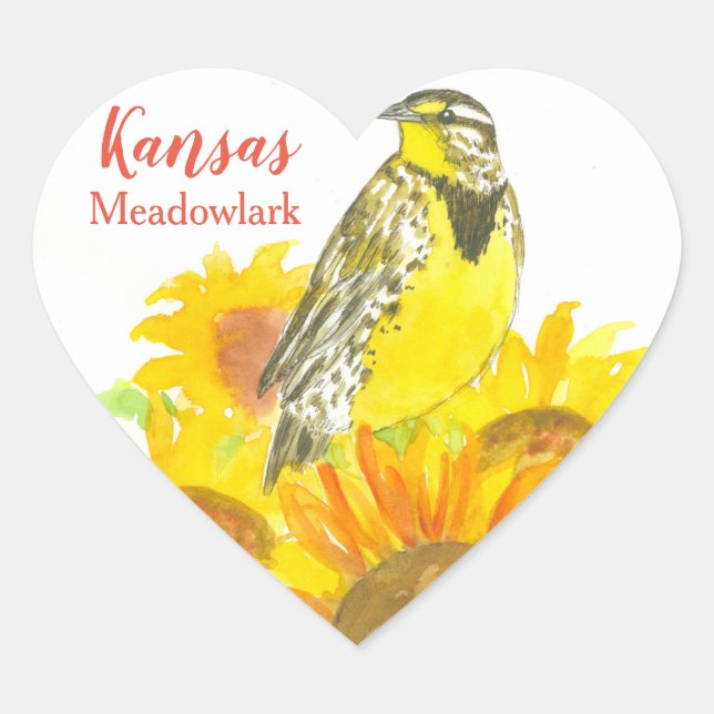 Sunflower Meadowlark Bird Yellow Kansas  Heart Sticker (Front)