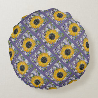 Sunflower Medley Lavendar Pattern Round Cushion
