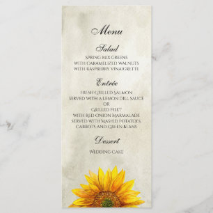 Sunflower menu. Rustic wedding dinner menu card
