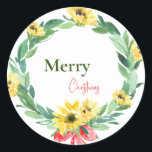 Sunflower Merry Christmas  Classic Round Sticker<br><div class="desc">Sunflower Christmas white background green wreath with red ribbon.  Sticker.</div>