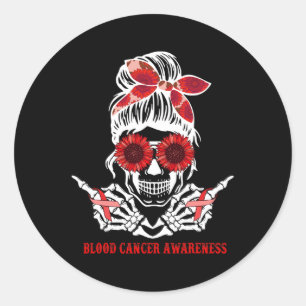 Sunflower Messy Bun Skull Red Ribbon Blood Cancer Classic Round Sticker