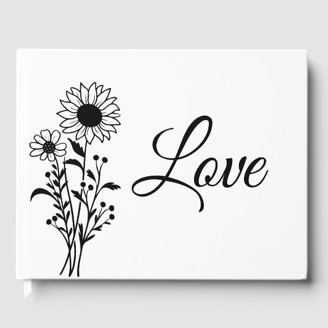 Sunflower Minimalist Black White Floral Wedding Guest Book (Front)