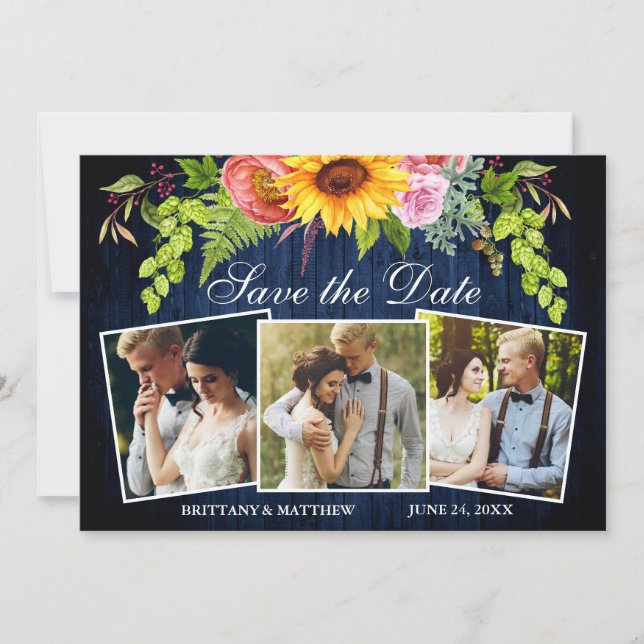 Sunflower Mixed Floral Blue Wood 3 Photo Save The Date (Front)