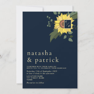 Sunflower Modern Navy Blue Wedding Invitation