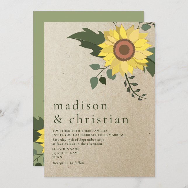 Sunflower Modern Sage Green Wedding Invitation (Front/Back)