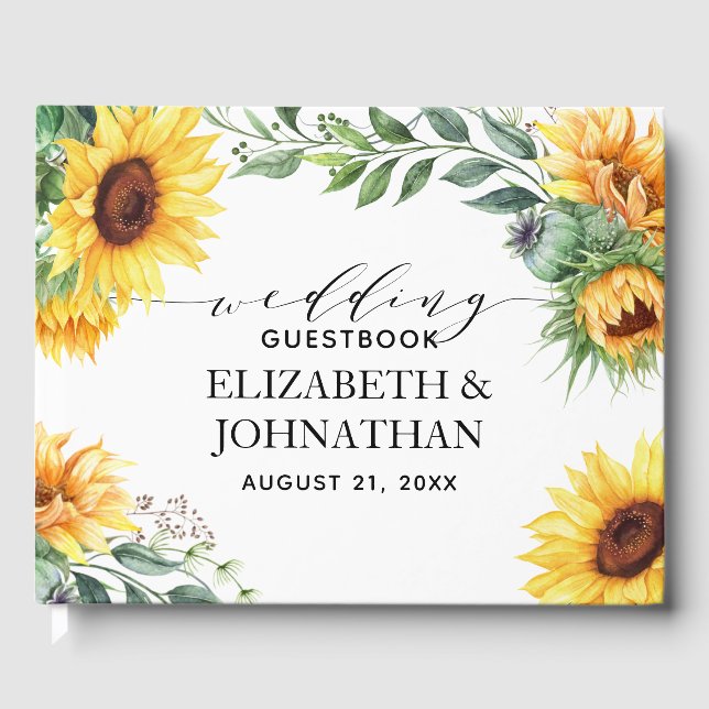 Sunflower Modern Watercolor Wedding Guest Book (Front)