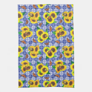 Sunflower Monarch Butterflies Blue Gingham Pattern Tea Towel