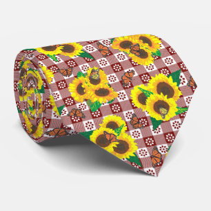 Sunflower Monarch Butterflies Red Gingham Pattern Tie