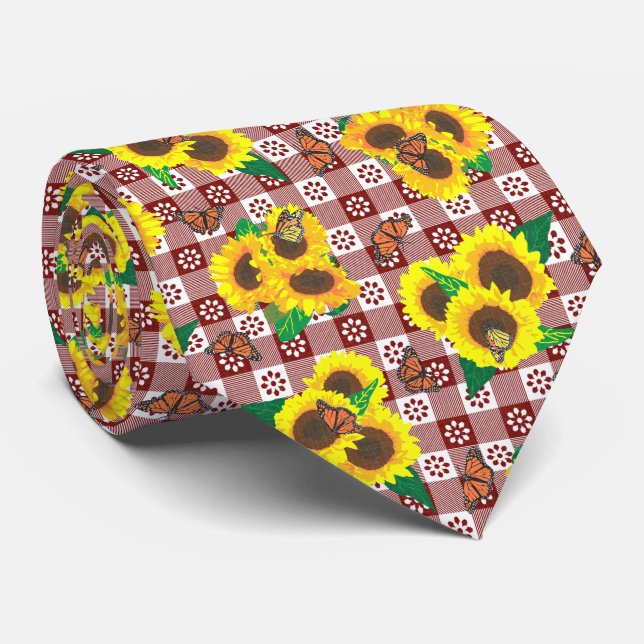 Sunflower Monarch Butterflies Red Gingham Pattern Tie (Rolled)