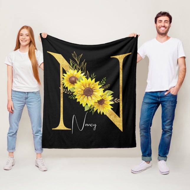 Sunflower Monogram Letter N Floral Letter N Gift Fleece Blanket (In Situ)